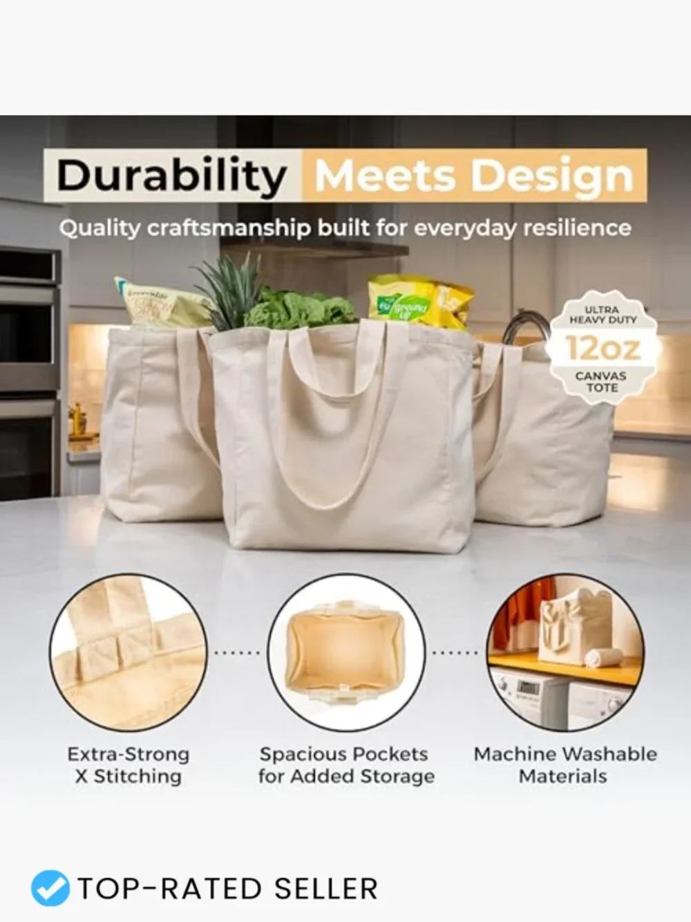 Heavy Duty Canvas Grocery Tote Set 3 Pack XL Reusable Shoulder Strap Cotton Eco